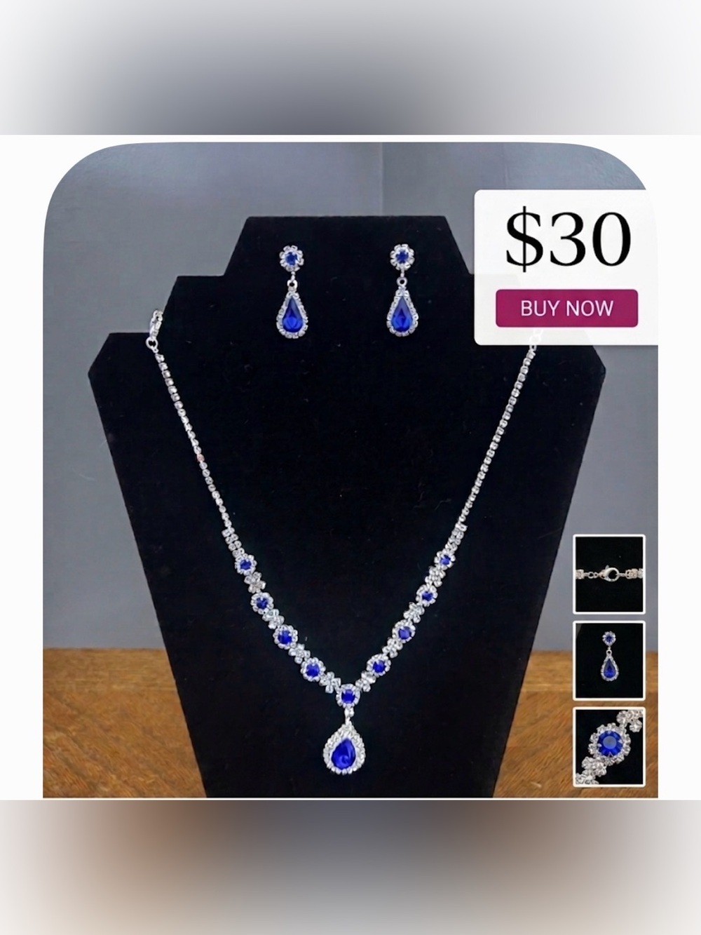 Elegant Blue Teardrop Crystal Necklace & Earring Set